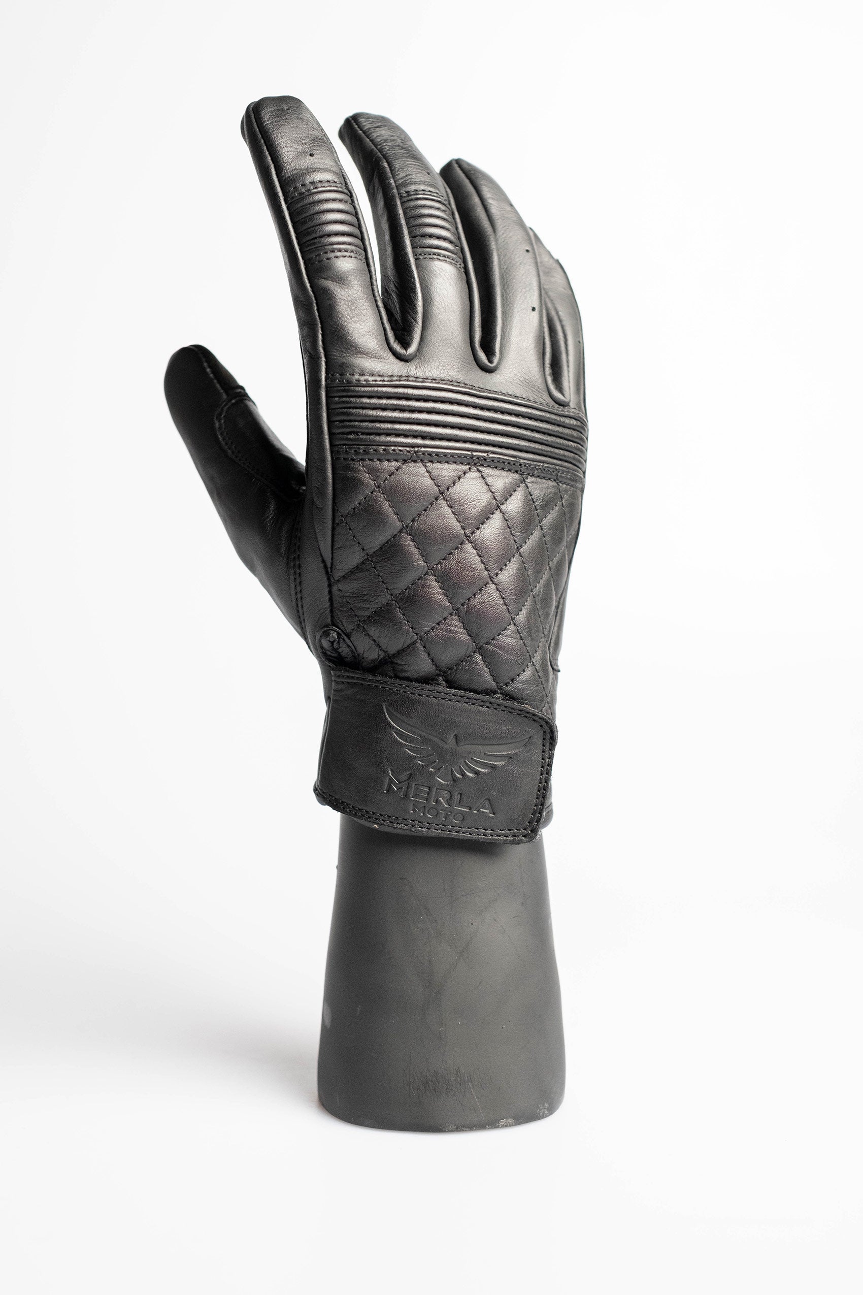 Cafe Quilted Leather Motorcycle Gloves - Black